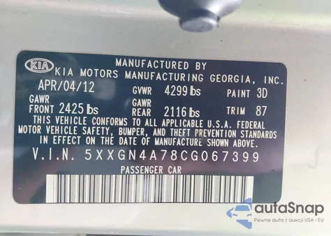 2012 Kia Optima Ex из США, поврежденный, VIN 5XXGN4A78CG067399